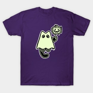 Little Ghost Cat with a Jack O' Lantern T-Shirt